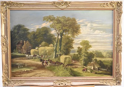 Lot 253 - English School, early 20th century, building haystacks by the side of a farmhouse, oil, 61 x 92cm