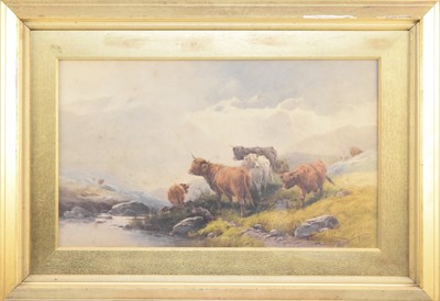 Lot 236 - Thomas Rowden (British 1842 - 1926), Highland cattle by a stream, watercolour, 45 x 77cm