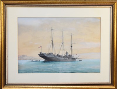 Lot 237 - D* Copeswater?, English School, 20th century, 'H.M.Y Valhalla', a 3-masted vessel, 29 x 57.5cm