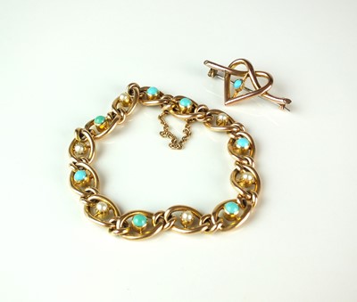 Lot 76 - An early 20th century turquoise and seed pearl bracelet and a bar brooch