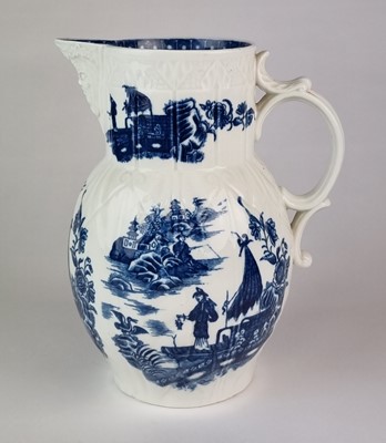 Lot 178 - Large Caughley 'Fisherman' cabbage leaf jug, circa 1785