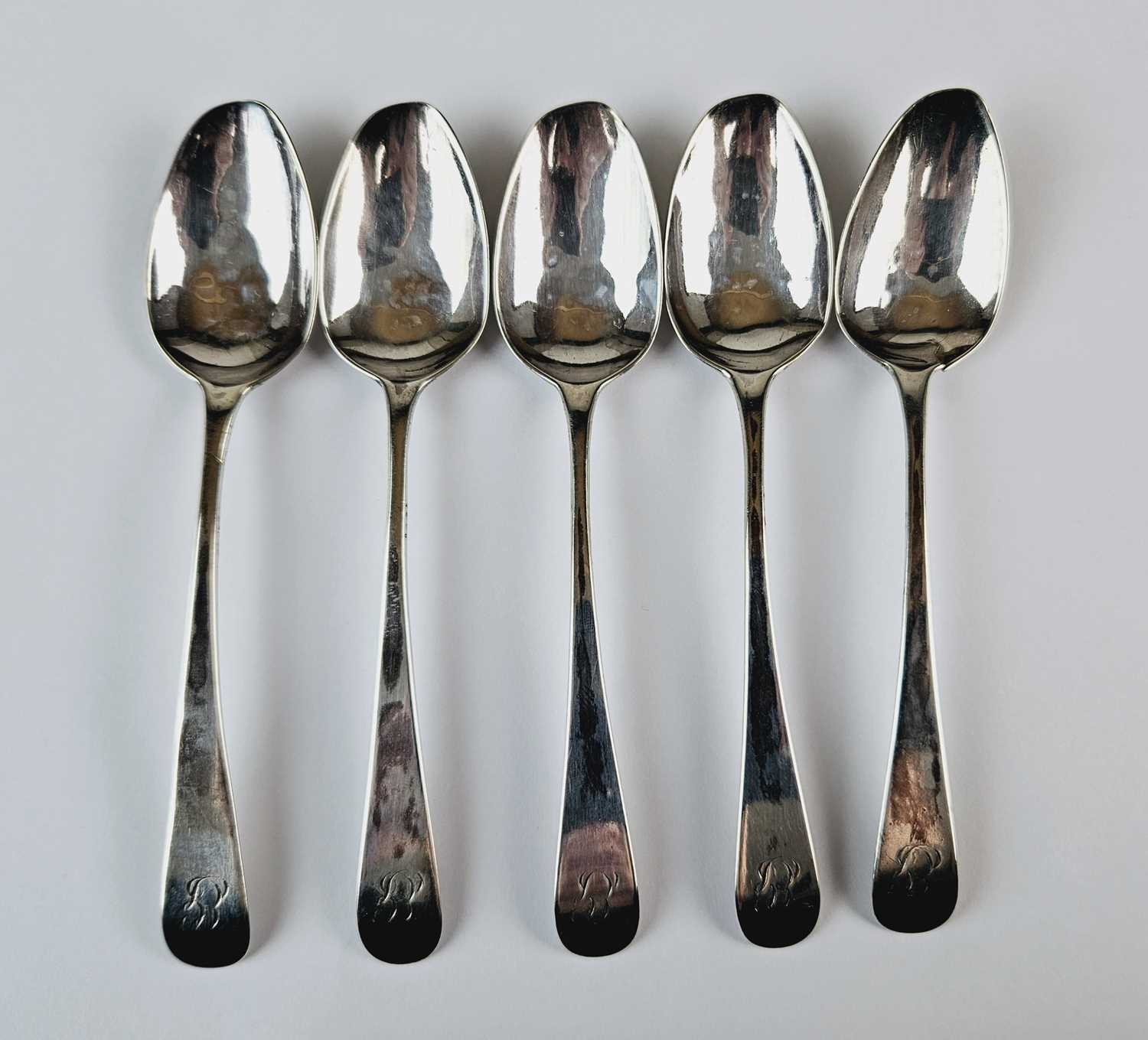 Lot 8 - Royal Navy - Set of five silver teaspoons with monogrammed initials for Captain Samuel Burgess