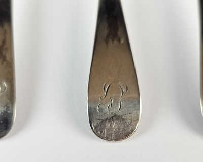 Lot 8 - Royal Navy - Set of five silver teaspoons with monogrammed initials for Captain Samuel Burgess