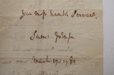 Lot 1085 - JOHNSON, Samuel (1709-1784) English essayist and lexicographer, autograph letter signed