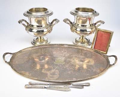 Lot 20 - A pair of silver plated wine coolers, a silver plated tray, a silver frame and broken silver cutlery