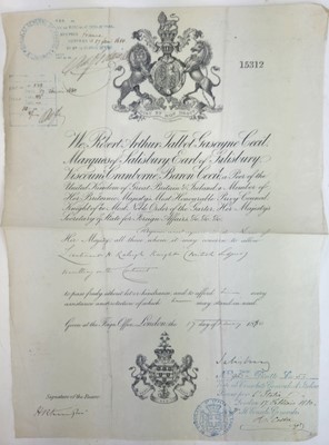 Lot 46 - Passport for Lt Henry Raleigh Knight, 1880, signed by Robert Salisbury and Two WW1 documents