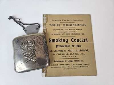 Lot 209 - U.S Army Coast Artillery Corps cigarette case, a dog tog and a Boer War smoking concert programme