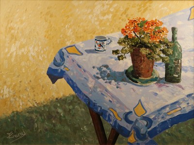 Lot 465 - Terrance Crosby (b.1949) Still Life Outdoor Table with Geraniums