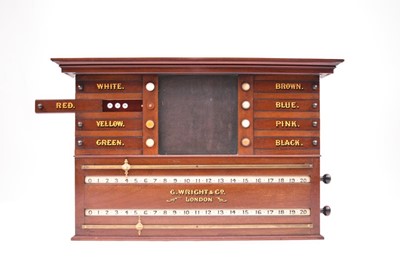 Lot 409 - A George Wright billiards scoreboard, ball holder and framed rules