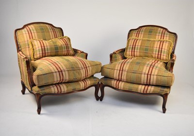 Lot 459 - A pair of reproduction Louis XVI style upholstered mahogany armchairs