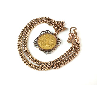 Lot 77 - A George V sovereign pendant on 9ct rose gold Albert