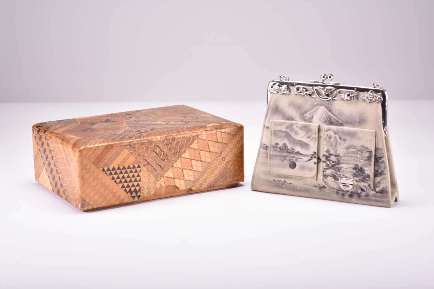 Lot 623 - A Japanese straw marquetry box together with a painted evening bag