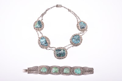 Lot 540 - A Chinese white metal and lapis necklace and a similar bracelet