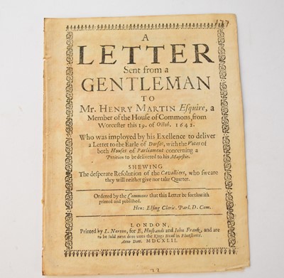 Lot 1098 - WORCESTER CIVIL WAR TRACTS, [COPLEY, Lionel]. A Letter sent from a Gentleman to Sir Henry Martin.