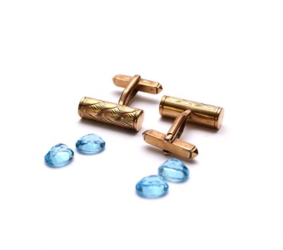 Lot 93 - A pair of 9ct gold cufflinks and four loose blue topaz