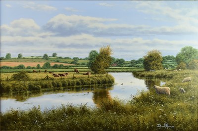 Lot 441 - David Morgan (20th century), Cattle and Sheep Grazing Beside a River