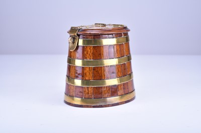 Lot 342 - A coopered brass-mounted mixed wood tobacco casket