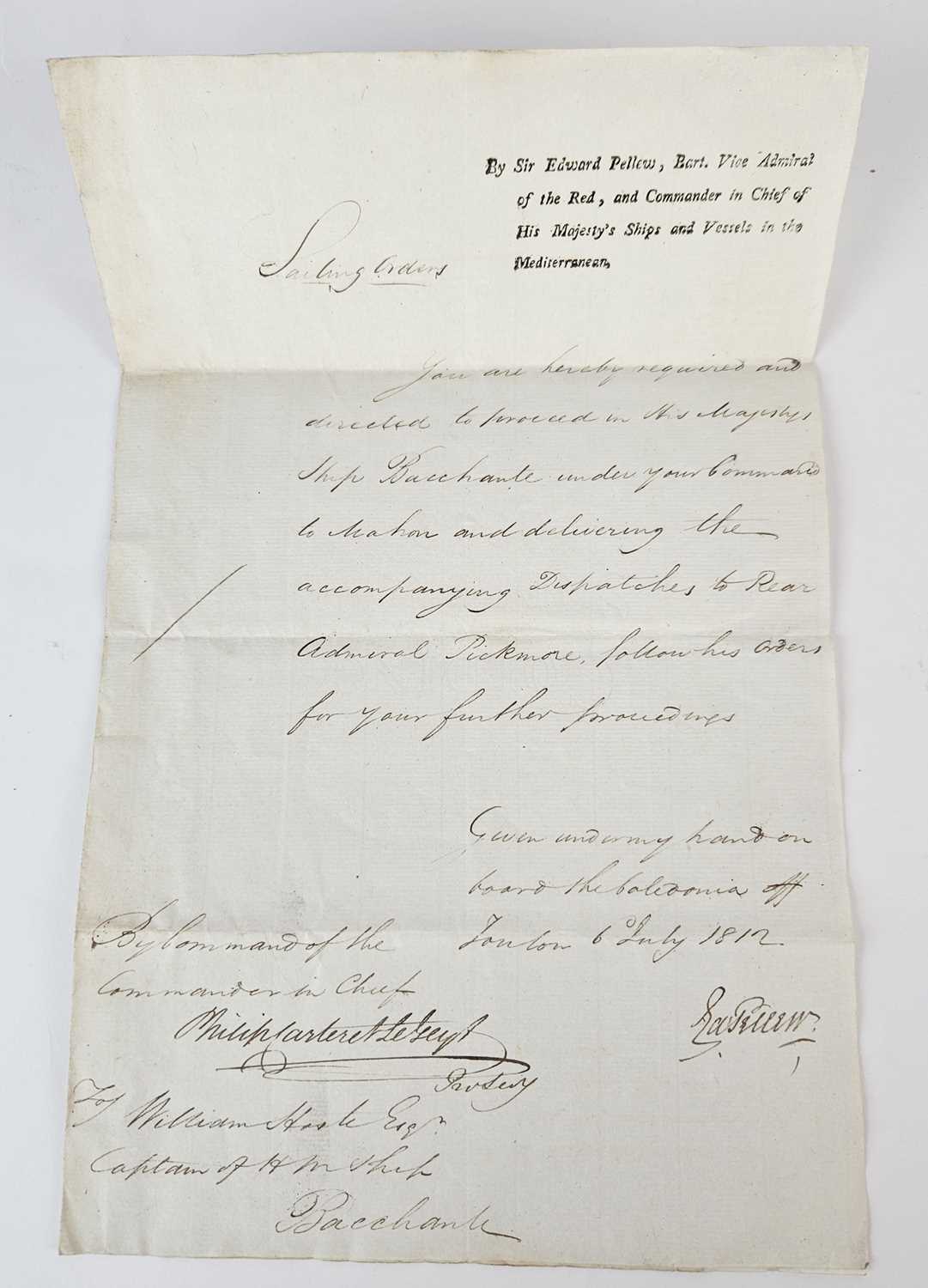 Lot 19 - Sailing Orders from Edward Pellew to William Hoste, 1812