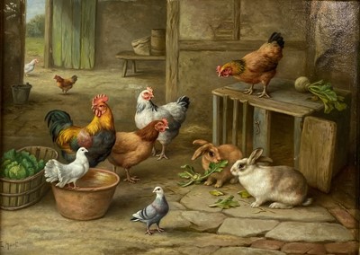 Lot 157 - Edgar Hunt (1876-1953) Chickens, Pigeons and Rabbits