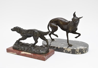 Lot 502 - Manner of Pierre-Jules Mene (1810-1879), a bronze whippet, and gun dog after Melotte