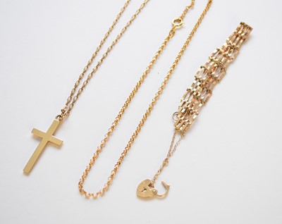 Lot 68 - A 9ct gold bracelet, two 9ct gold chains and a 9ct gold crucifix pendant on chain