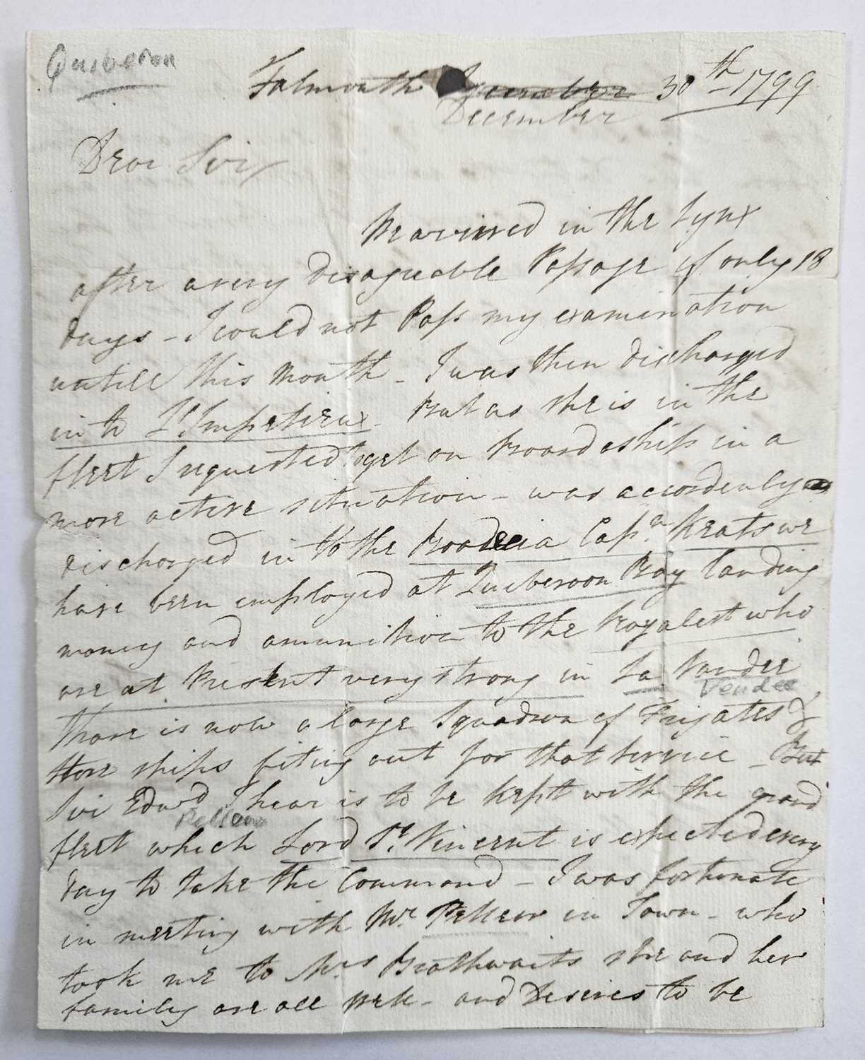 Lot 11 - Royal Navy. Rare letter relating to the French Counter-Revolution, 1799.
