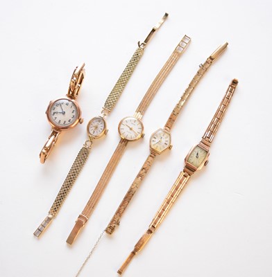 Lot 205 - Five Lady's 9ct gold bracelet watches