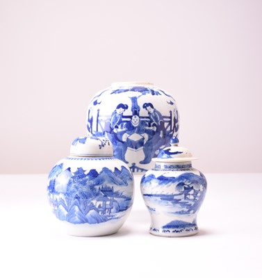 Lot 24 - Three Chinese blue and white ginger jars, two with covers (3)