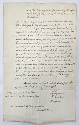Lot 4 - Order forbidding any British ships to sail to Genoa, 1796; signed Maritime receipt (2)