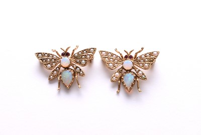 Lot 108 - Two 9ct gold opal, seed pearl and ruby set butterfly brooches