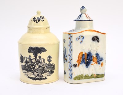 Lot 281 - An English prattware 'Macaroni' moulded tea caddy and 'Tea Party' creamware canister