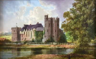 Lot 267 - An English porcelain plaque painted with a scene of Stokesay Castle, signed J.Evans