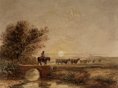 Lot 284 - David I Cox (British 1783 - 1859) Cattle and a Drover on a Bridge