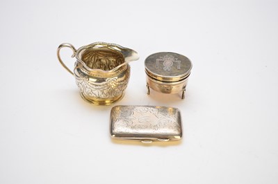 Lot 47 - A silver trinket box, cream jug and cigarette case