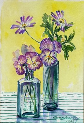 Lot 59 - Beverley Fry (b.1948) Pansies in Glass Pots