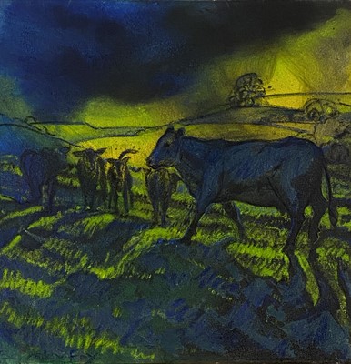Lot 31 - Beverley Fry (b.1948) Cattle in the Northern Lights 1
