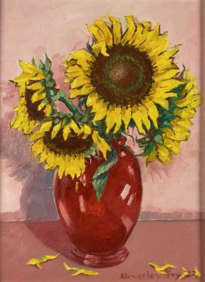 Lot 66 - Beverley Fry (b.1948) Sunflowers in Red Pot