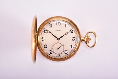 Lot 103 - Longines: An 18ct gold hunter pocket watch with 9ct rose gold Albert