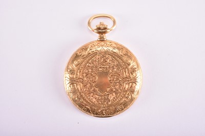 Lot 103 - Longines: An 18ct gold hunter pocket watch with 9ct rose gold Albert