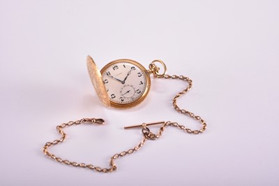 Lot 103 - Longines: An 18ct gold hunter pocket watch with 9ct rose gold Albert