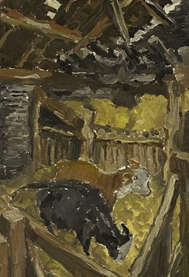 Lot 64 - Beverley Fry (b.1948) Calves in the Barn