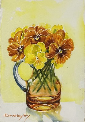 Lot 73 - Beverley Fry (b.1948) Pansies in a Brown Glass