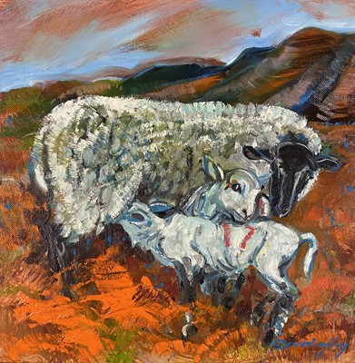 Lot 3 - Beverley Fry (b.1948) Ewe with Twin Lambs in the Shropshire Hills
