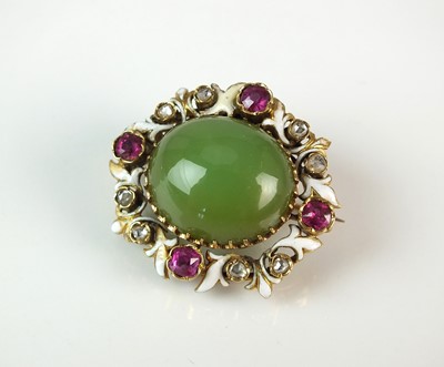 Lot 69 - A diamond, ruby, green hardstone and white enamel brooch/pendant