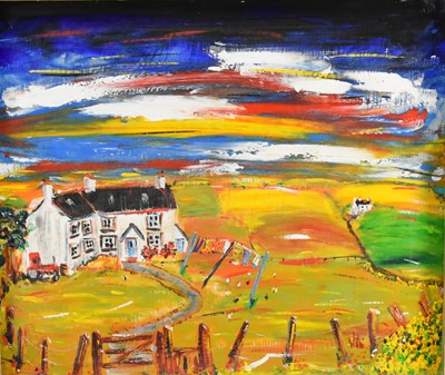 Lot 450 - Willie Carter (b.1952) Rural Landscape with Farmhouse and Chickens in the Field