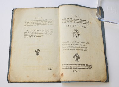 Lot 1097 - LIFE OF SIR EDMUND MASON, Commonly known by the name of the English Don Quixote. Worcester, S Grundy, 1801. 16 pp, original blue paper wrappers