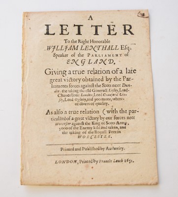 Lot 1099 - WORCESTER CIVIL WAR TRACTS. A letter from the Lord General Cromwel, Touching the Great Victory obtained near Worcester, John Field, 1651. Pp 7 [1].