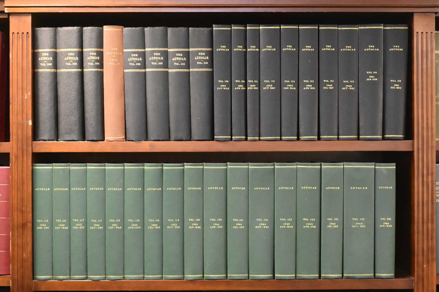 Lot 372 - THE AUTOCAR (weekly magazine) Jan 1955-Dec 1990 (vol 102-186). 101 volumes. Lacks 3 months (Nov 1973-Feb 1974). Mostly bound in green cloth.