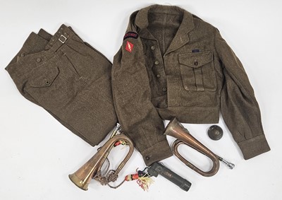 Lot 192 - 1949 Pattern British Army Battledress blouse and trousers, artillery shell, RWF bugle, etc