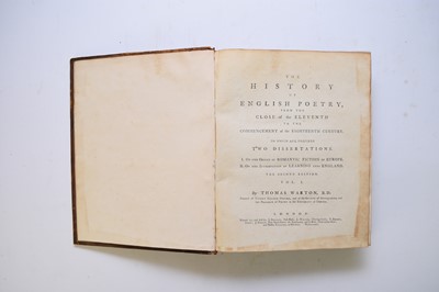 Lot 1151 - WARTON, Thomas. History of English Poetry, 3 vols. 4to, 1775-81. Contemporary calf. With Observations on the Fairy Queen of Spencer. 2 vols, 2nd edn 1762. Contemporary diced calf, all edges gilt (5)